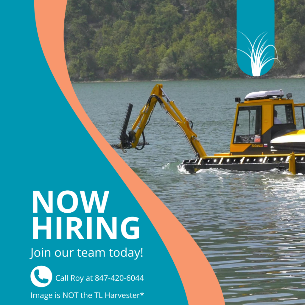 Now Hiring image with a weed harvester on it and text telling you who to call